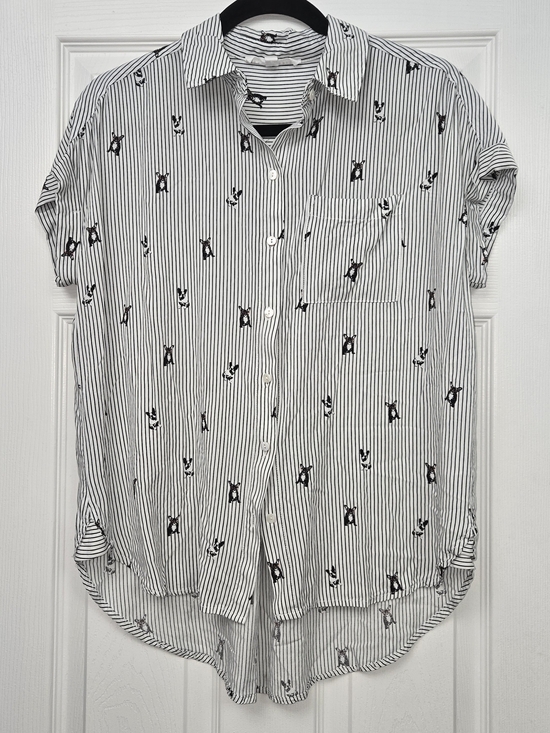 Jane and Delancey Tops - Women's Black and White Striped Short-Sleeve Button-Up French Bulldog Top Small